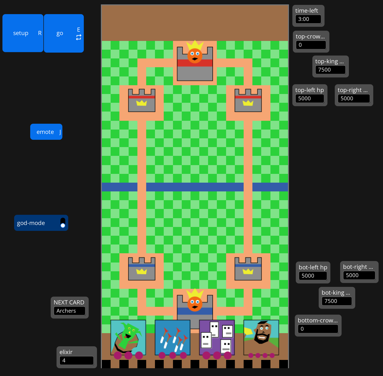 NetLogo Royale mid-match, showing the elixir bar, deck, and troop pathing along both lanes